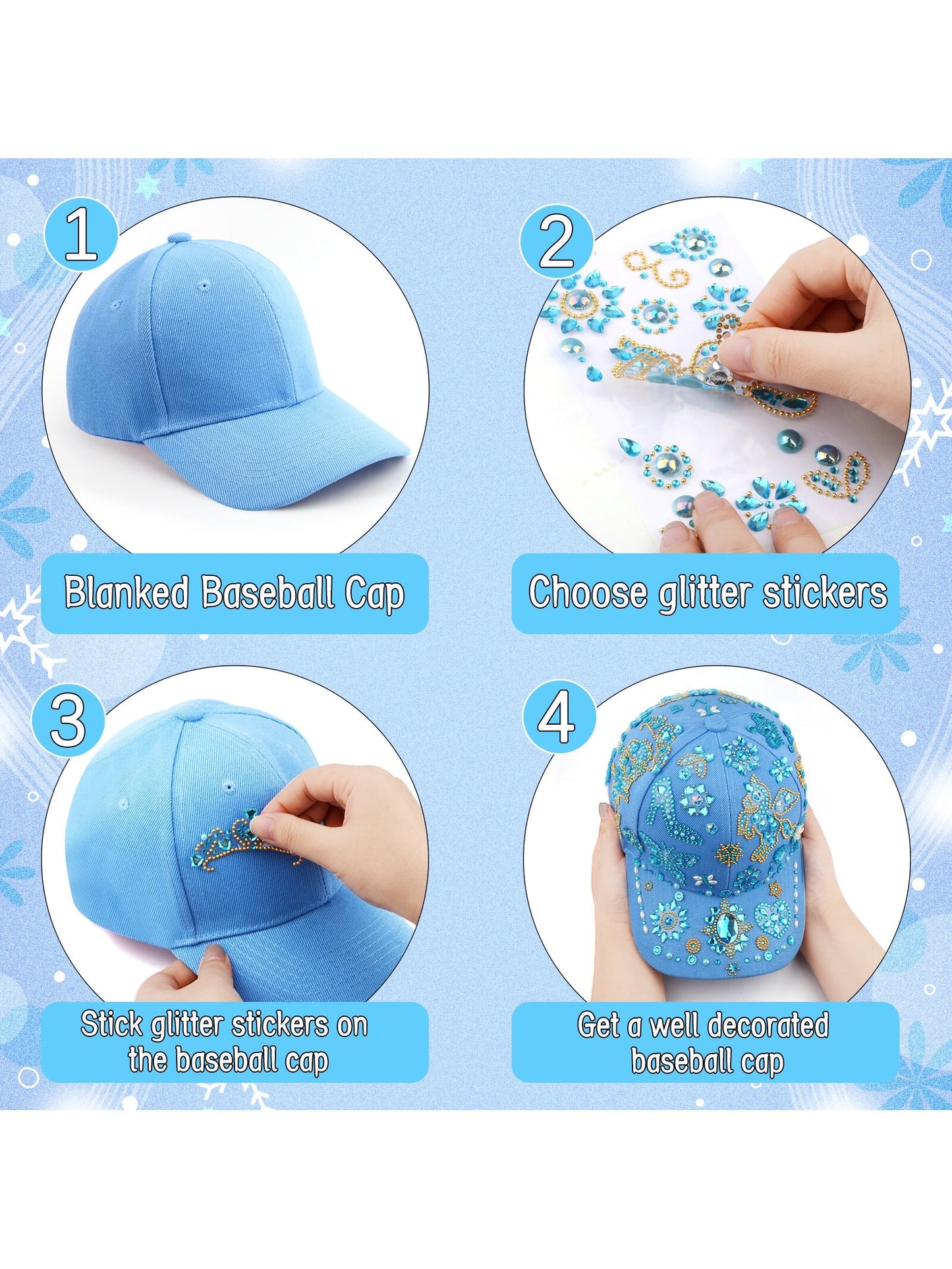 Decorate Your Own Baseball Cap, Birthday Gifts for Girls 6-12 DIY Arts and Crafts Kits for Girls Ages 8-12 Blue Baseball Cap for Girls with 8 Sheets Gems Stickers