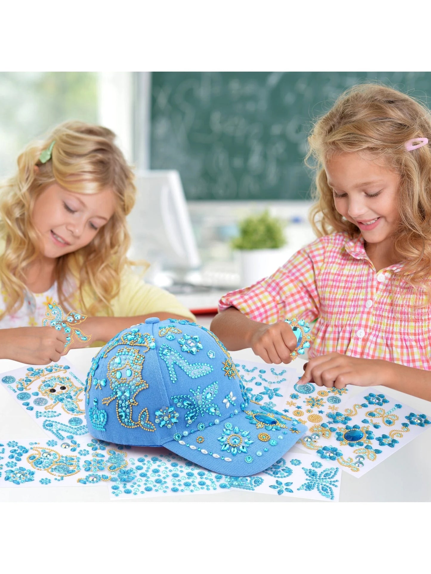 Decorate Your Own Baseball Cap, Birthday Gifts for Girls 6-12 DIY Arts and Crafts Kits for Girls Ages 8-12 Blue Baseball Cap for Girls with 8 Sheets Gems Stickers