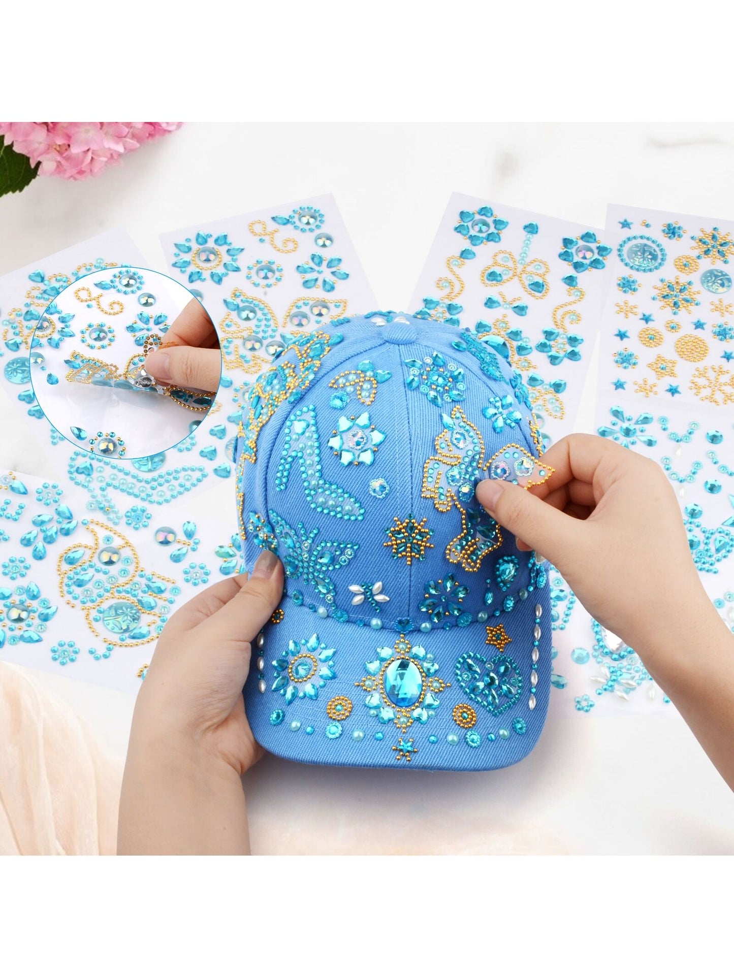Decorate Your Own Baseball Cap, Birthday Gifts for Girls 6-12 DIY Arts and Crafts Kits for Girls Ages 8-12 Blue Baseball Cap for Girls with 8 Sheets Gems Stickers