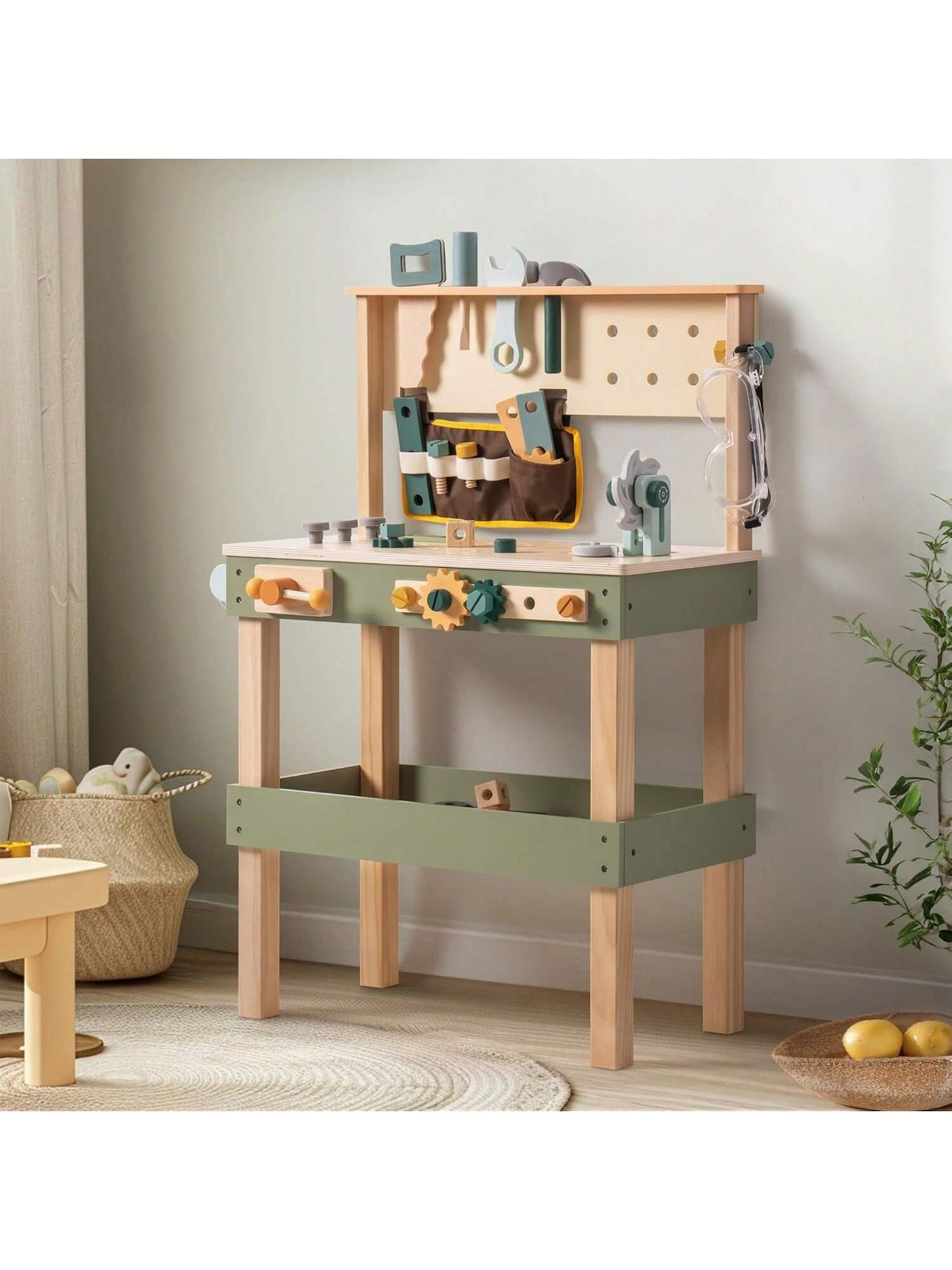 Robotime Robud Wooden Kids Tool Bench, Toddler Tool Bench - Toy Play Workbench Workshop with Tool Belt, Play Tools Set, Drawing Paper for Construction Play, Perfect for Kids Ages 3-5