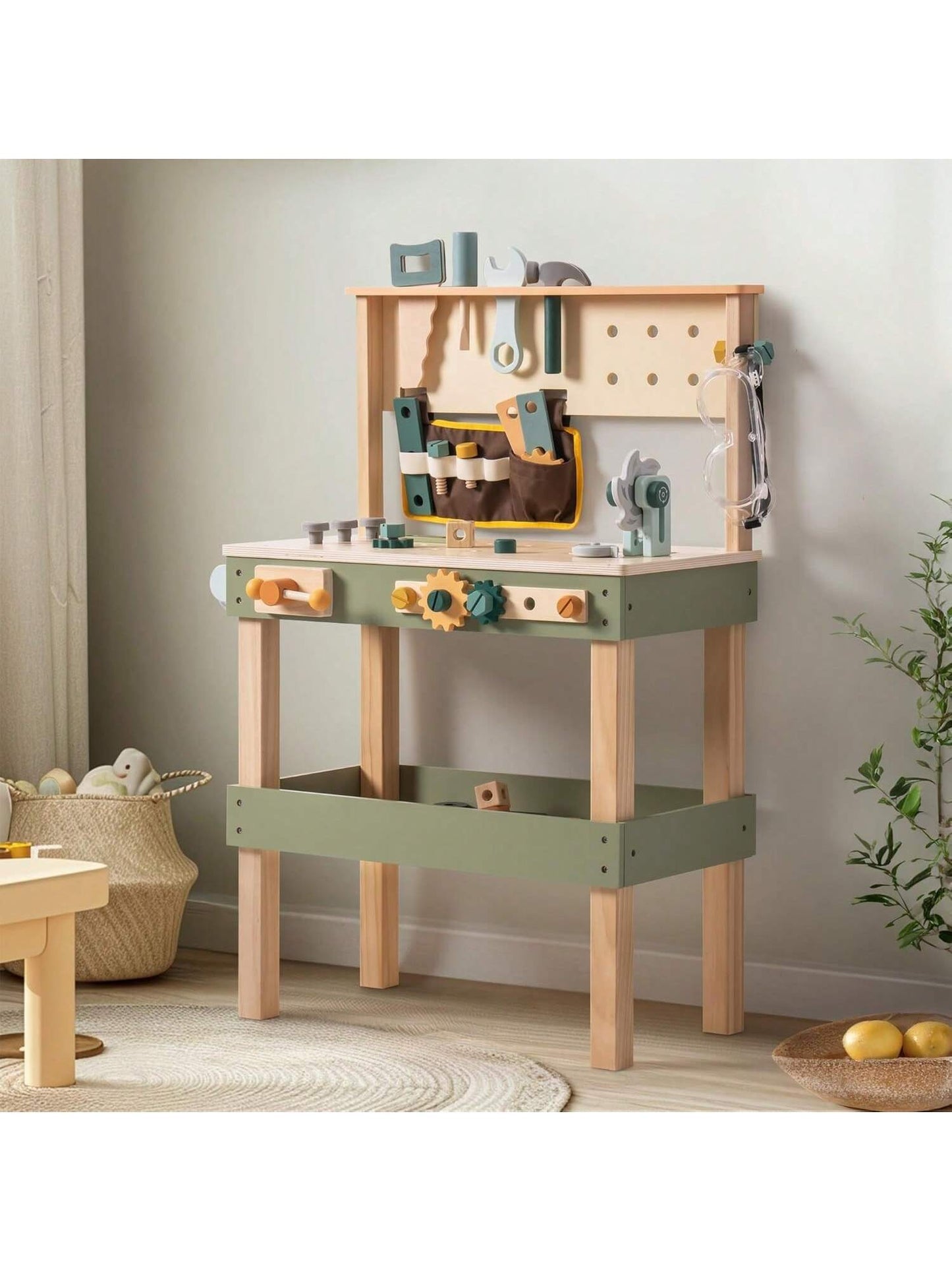 Robotime Robud Wooden Kids Tool Bench, Toddler Tool Bench - Toy Play Workbench Workshop with Tool Belt, Play Tools Set, Drawing Paper for Construction Play, Perfect for Kids Ages 3-5