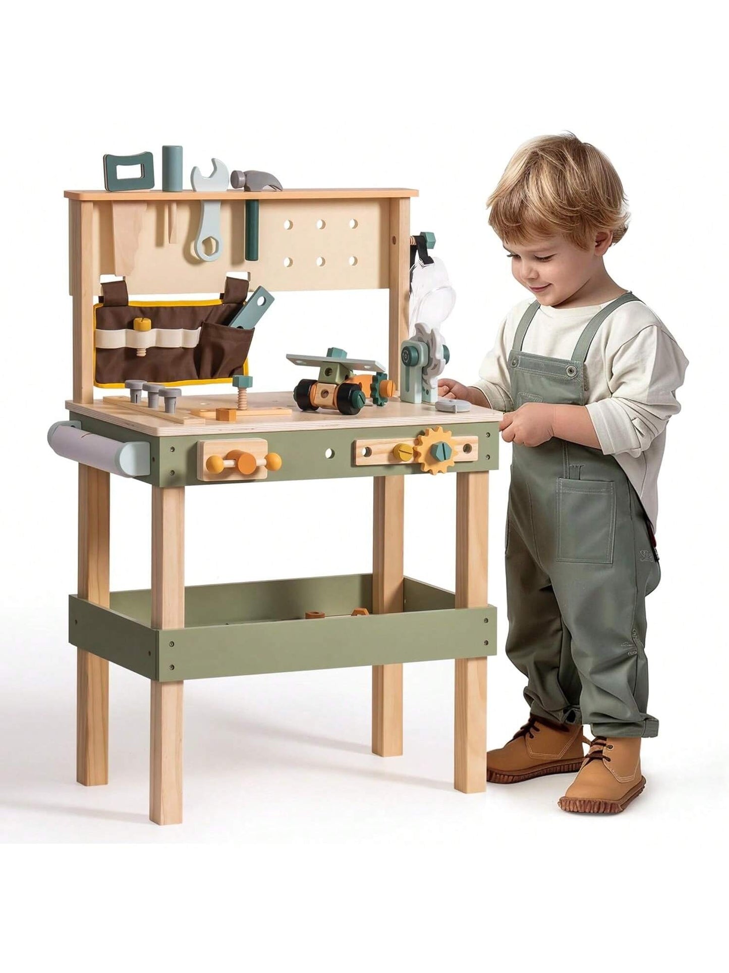 Robotime Robud Wooden Kids Tool Bench, Toddler Tool Bench - Toy Play Workbench Workshop with Tool Belt, Play Tools Set, Drawing Paper for Construction Play, Perfect for Kids Ages 3-5