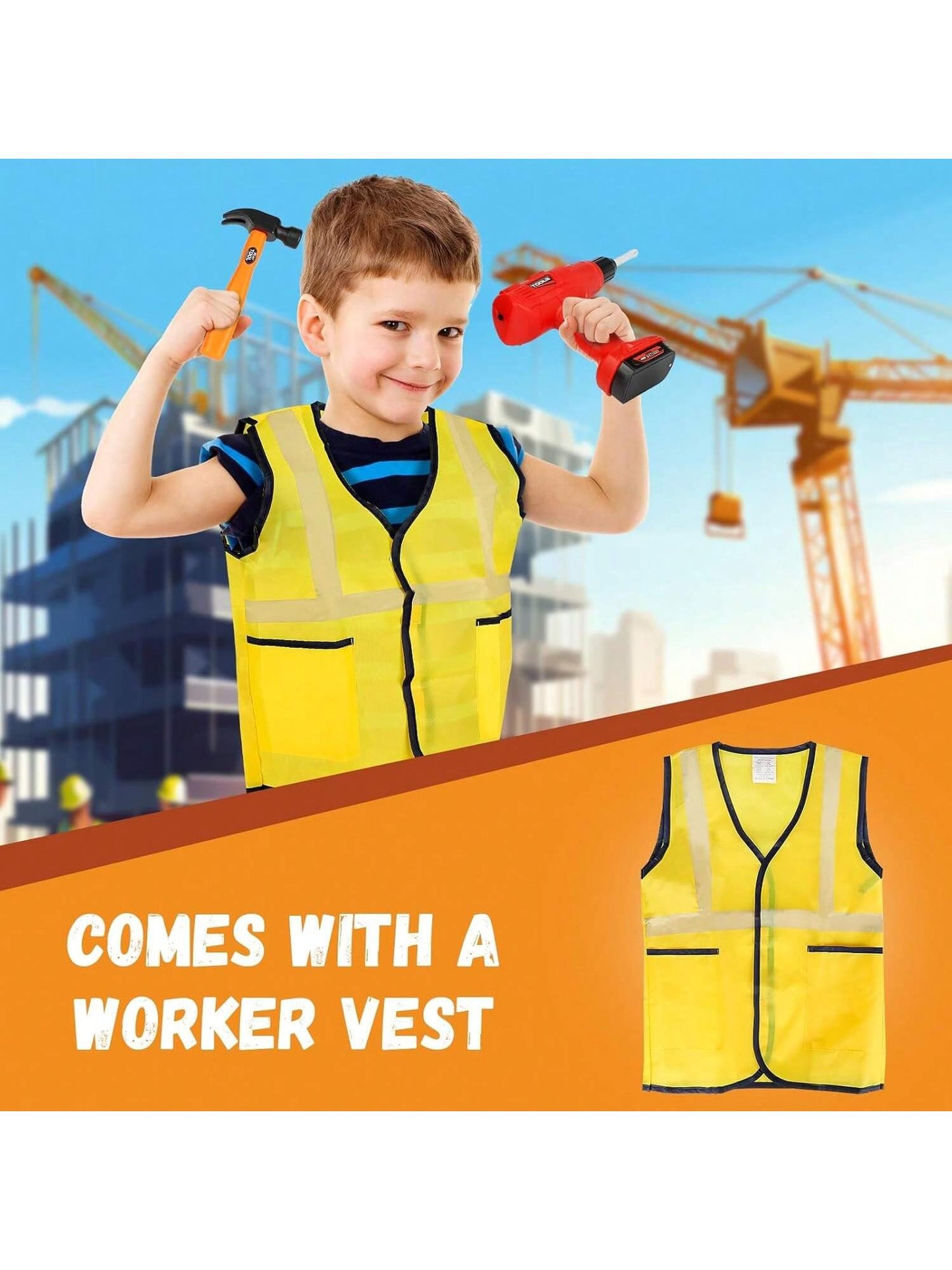 Tool Set Toy for Kids 39/42 PCS Pretend Play Toddler Construction Toy, Includes Safety Vest Hat, Toy Wrench, Drill, Hammer, Screwdriver, Screw Set, Gift for 2 -13 Years Old Boys Girls