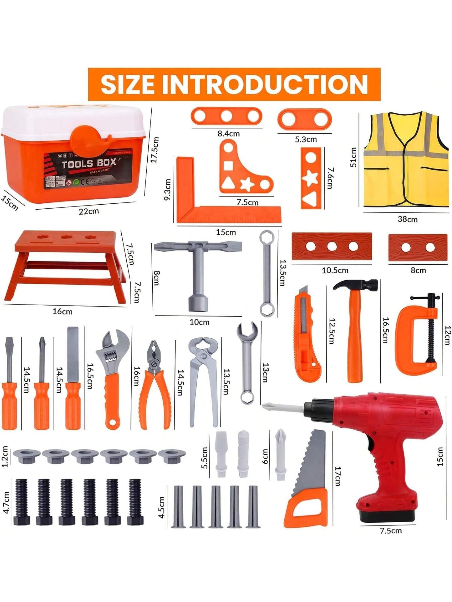 Tool Set Toy for Kids 39/42 PCS Pretend Play Toddler Construction Toy, Includes Safety Vest Hat, Toy Wrench, Drill, Hammer, Screwdriver, Screw Set, Gift for 2 -13 Years Old Boys Girls