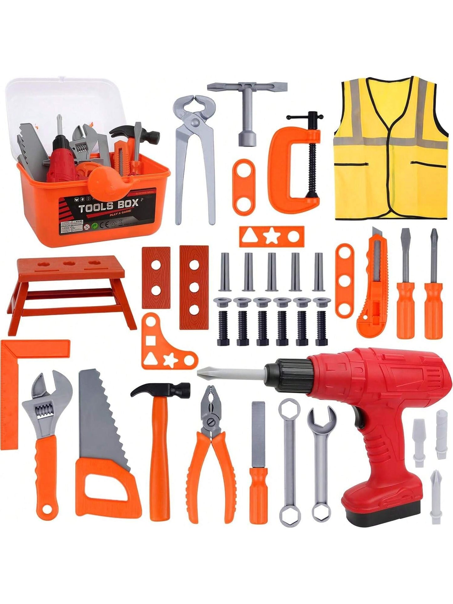 Tool Set Toy for Kids 39/42 PCS Pretend Play Toddler Construction Toy, Includes Safety Vest Hat, Toy Wrench, Drill, Hammer, Screwdriver, Screw Set, Gift for 2 -13 Years Old Boys Girls