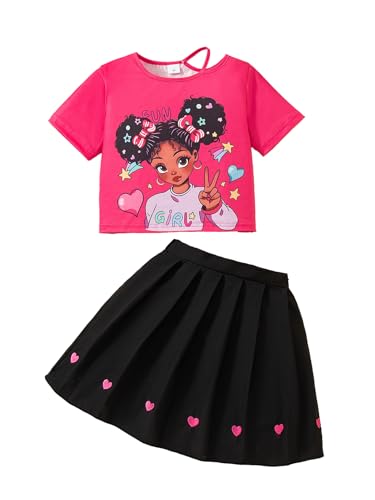 Girls 2 Piece Outfits Print Short Sleeve Top and Pleated Skirt Girls Trendy Clothing Set