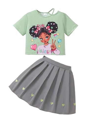 Girls 2 Piece Outfits Print Short Sleeve Top and Pleated Skirt Girls Trendy Clothing Set