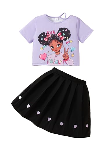 Girls 2 Piece Outfits Print Short Sleeve Top and Pleated Skirt Girls Trendy Clothing Set