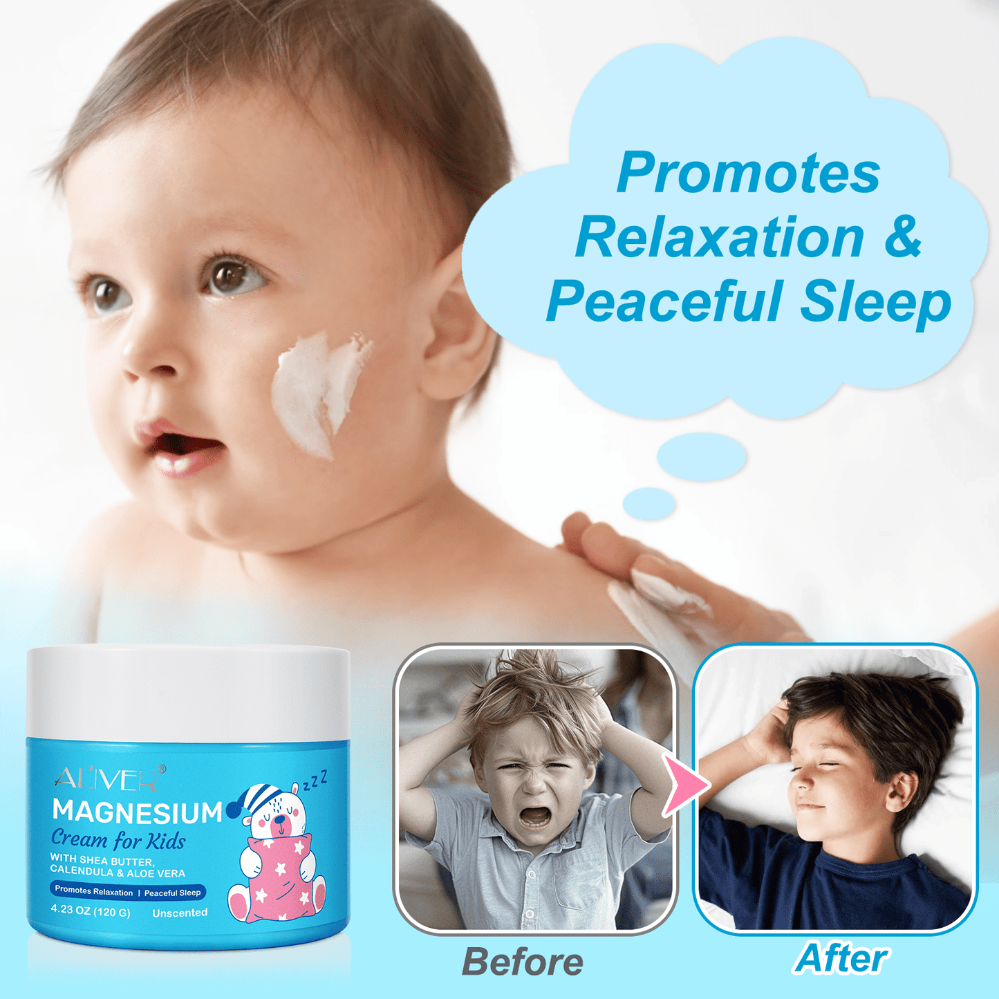 Aliver Magnesium Cream for Kids,Promotes Relaxation & Peaceful Sleep with Natural & Gentle Ingredients, Topical Magnesium Lotion 4.23 Oz