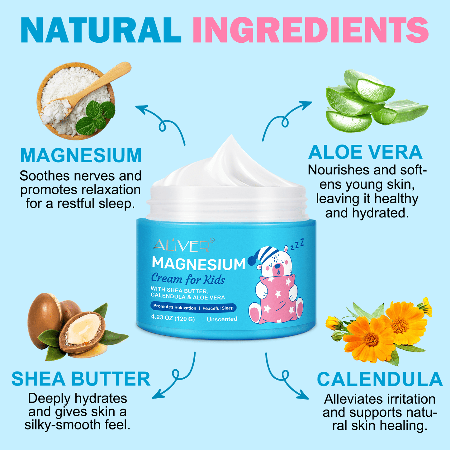 Aliver Magnesium Cream for Kids,Promotes Relaxation & Peaceful Sleep with Natural & Gentle Ingredients, Topical Magnesium Lotion 4.23 Oz