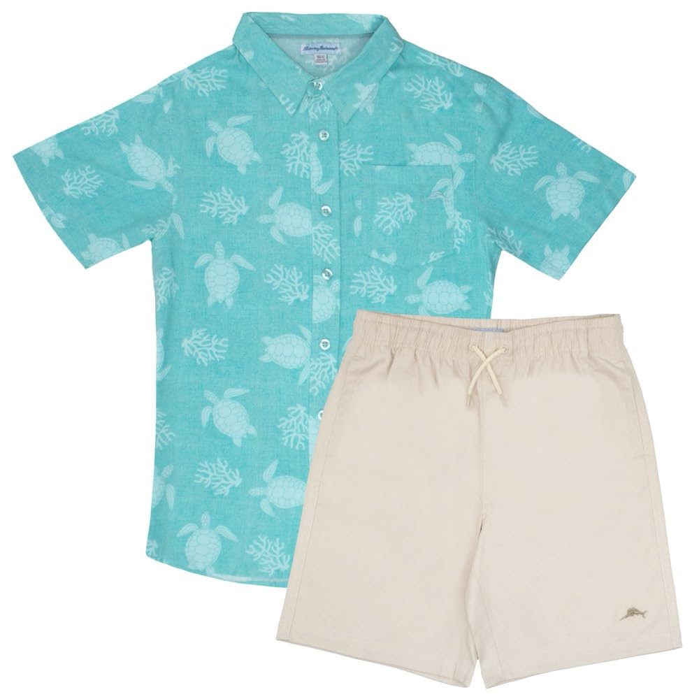 Tommy Bahama Boys Hawaiian Button Down Short Sleeve Shirt & Elastic Waist Shorts Set, Casual 2-Piece Summer Outfit for Kids