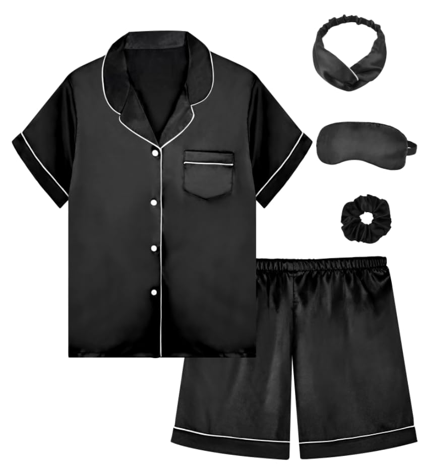 Kids Girl Pajama Set with Headband Blindfold Hair Tie Toddler Boy Girl Satin Silky Button-up Pajama Sleepwear