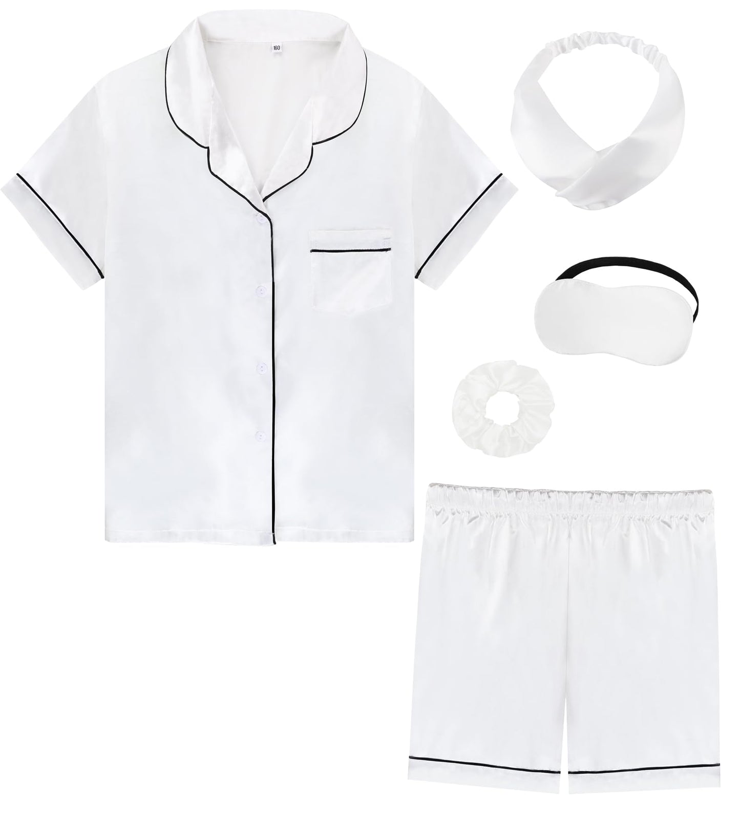 Kids Girl Pajama Set with Headband Blindfold Hair Tie Toddler Boy Girl Satin Silky Button-up Pajama Sleepwear