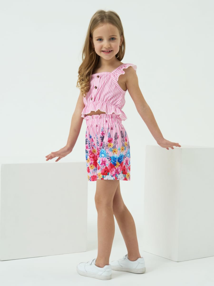 Kids Toddler Girls Summer Clothes Button Design Striped Tank Top + Floral-Print Elastic Shorts 2 Piece