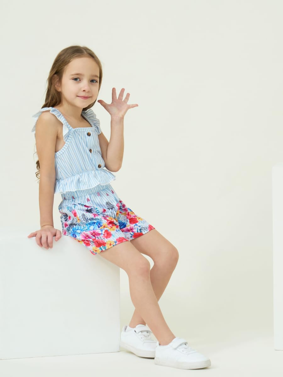 Kids Toddler Girls Summer Clothes Button Design Striped Tank Top + Floral-Print Elastic Shorts 2 Piece