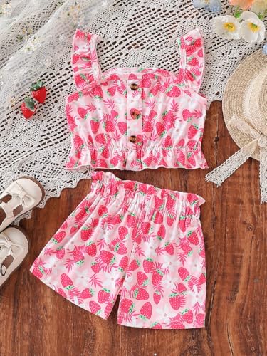 Kids Toddler Girls Summer Clothes Button Design Striped Tank Top + Floral-Print Elastic Shorts 2 Piece