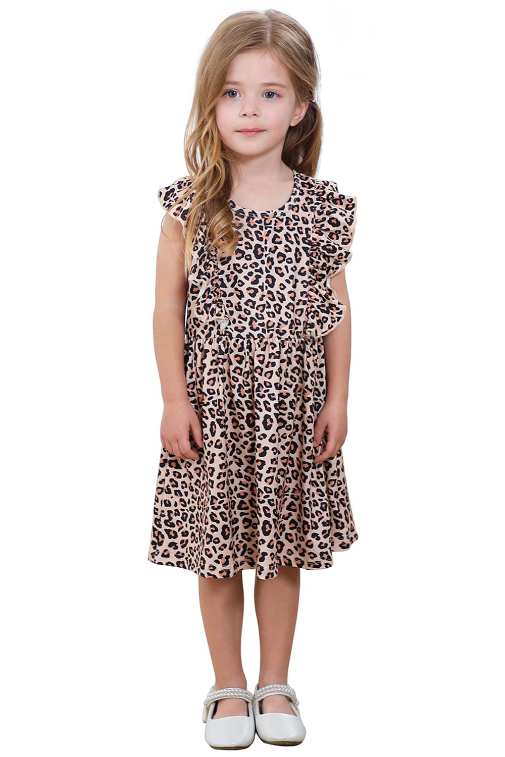 Little Girls A-line Dress Cute Leopard Mermaid Pattern Ruffle Sundress Toddler Girl Casual Dresses for Party 2-7Y
