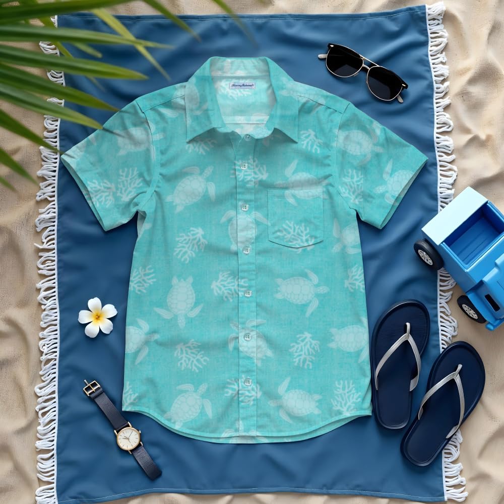 Tommy Bahama Boys Hawaiian Button Down Short Sleeve Shirt & Elastic Waist Shorts Set, Casual 2-Piece Summer Outfit for Kids