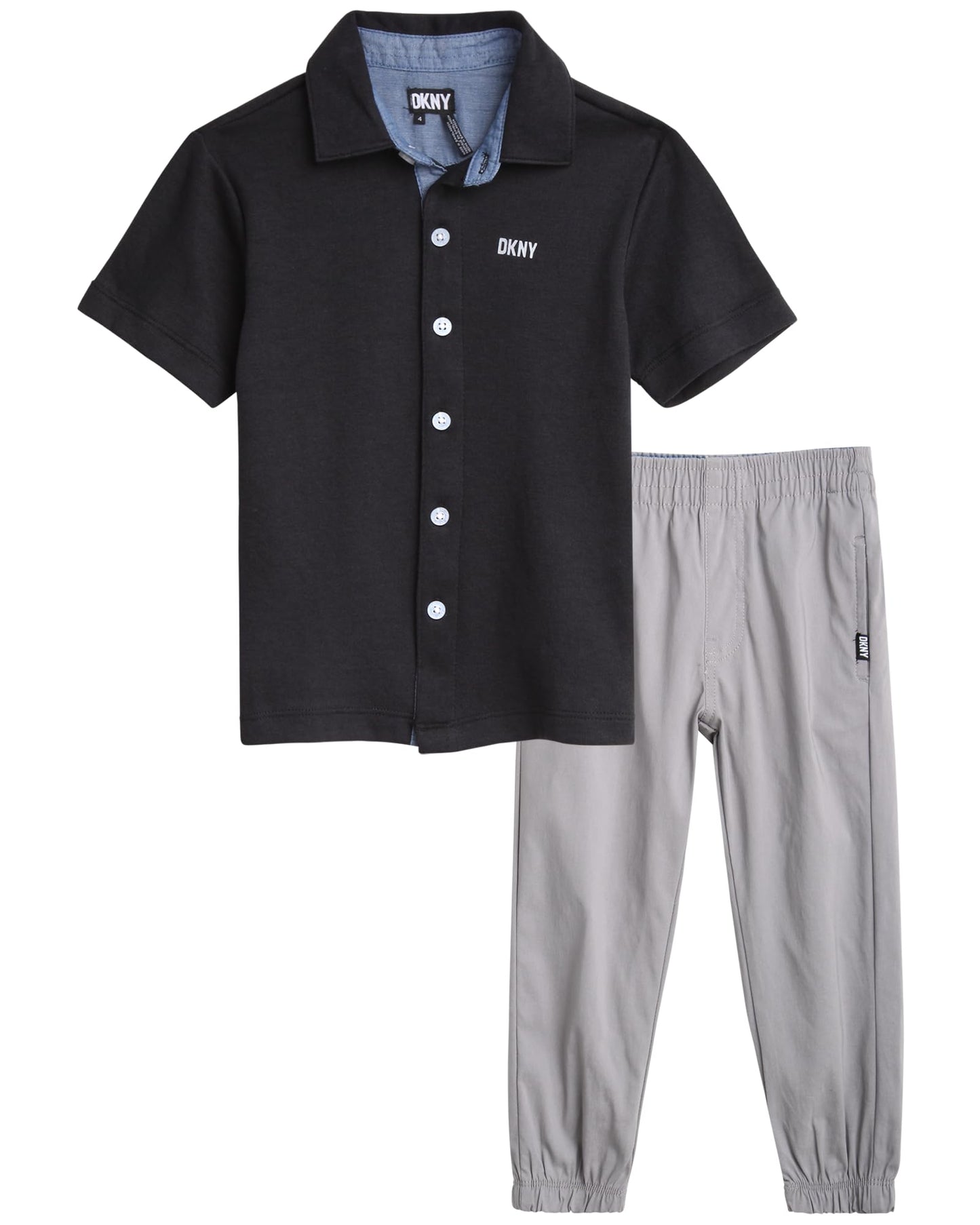 DKNY Boys' Pants Set - 2 Piece Short Sleeve Button Down Shirt and Tech Pants - Summer Outfit Set for Toddler Boys (2T-7)