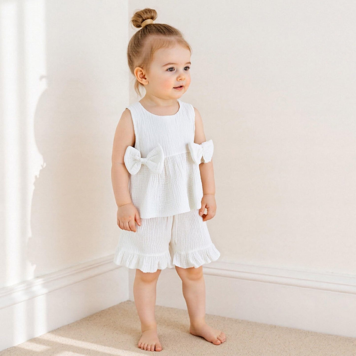 Kupretty Toddler Girl Summer Clothes Baby Solid Linen Outfit Bows Ruffle Tank Tops Shirts + Ruffled Short Set