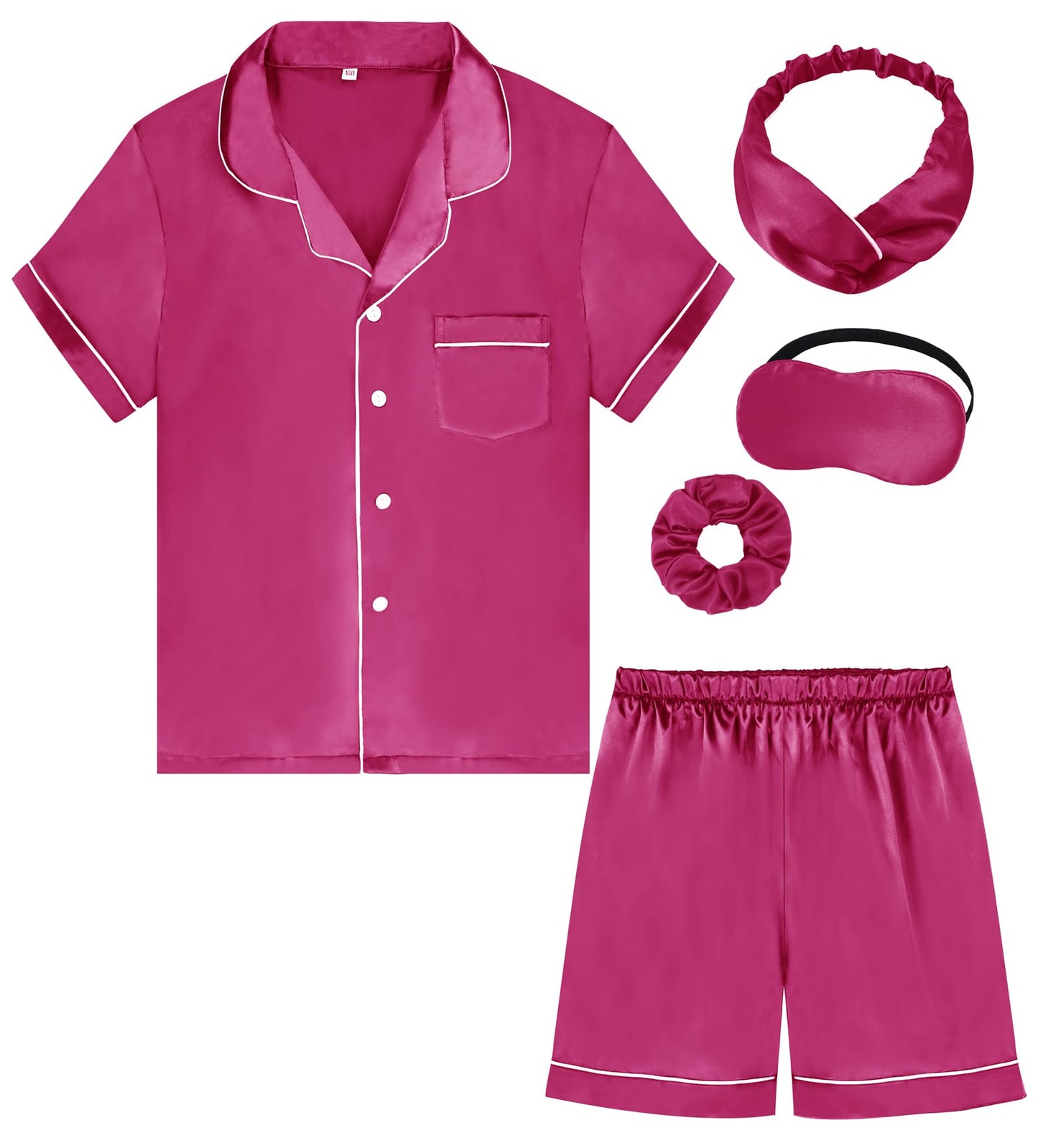 Kids Girl Pajama Set with Headband Blindfold Hair Tie Toddler Boy Girl Satin Silky Button-up Pajama Sleepwear