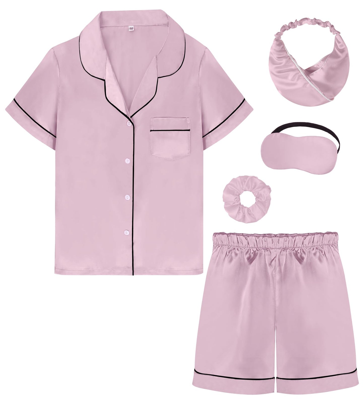 Kids Girl Pajama Set with Headband Blindfold Hair Tie Toddler Boy Girl Satin Silky Button-up Pajama Sleepwear