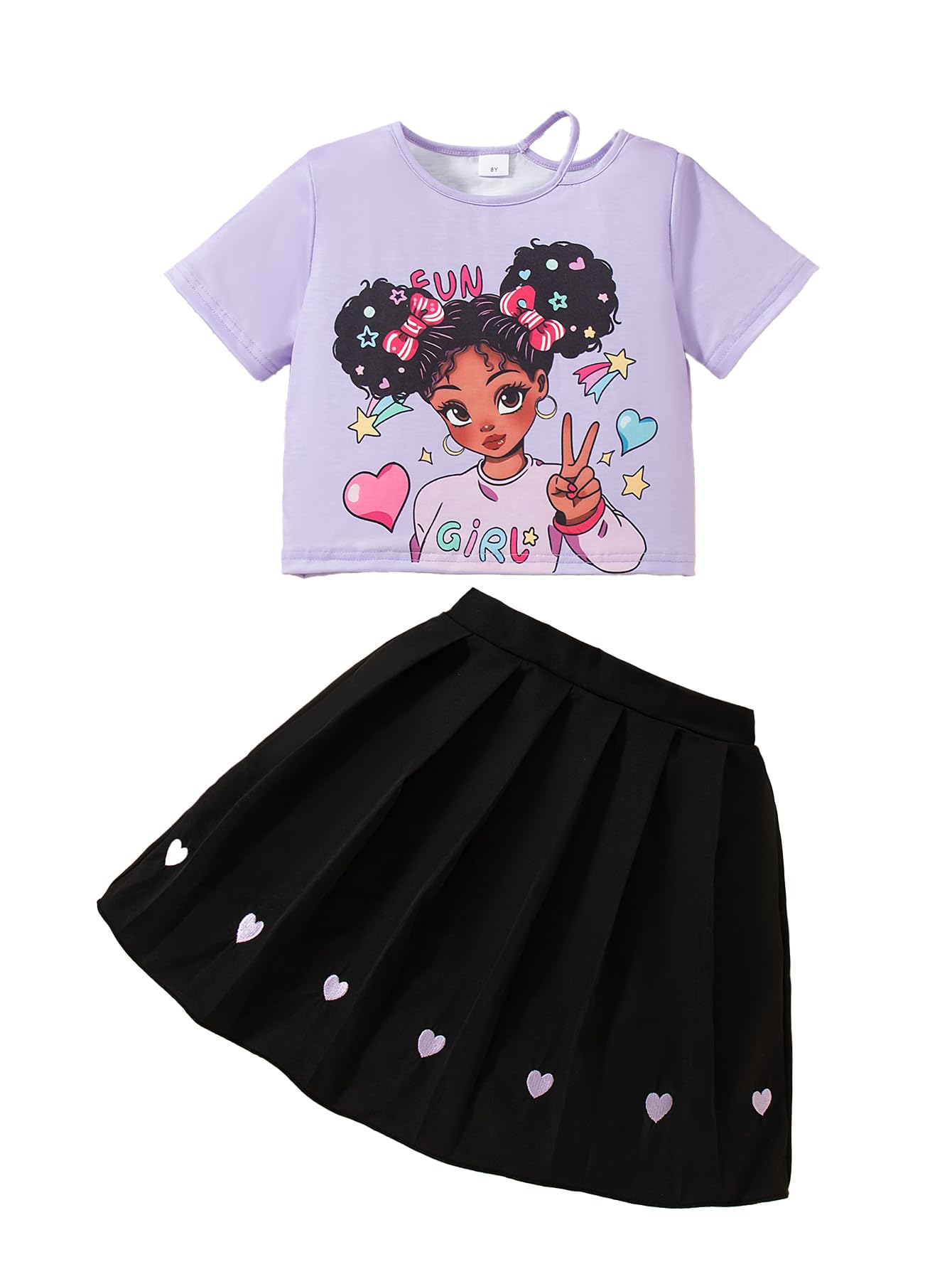 Girls 2 Piece Outfits Print Short Sleeve Top and Pleated Skirt Girls Trendy Clothing Set