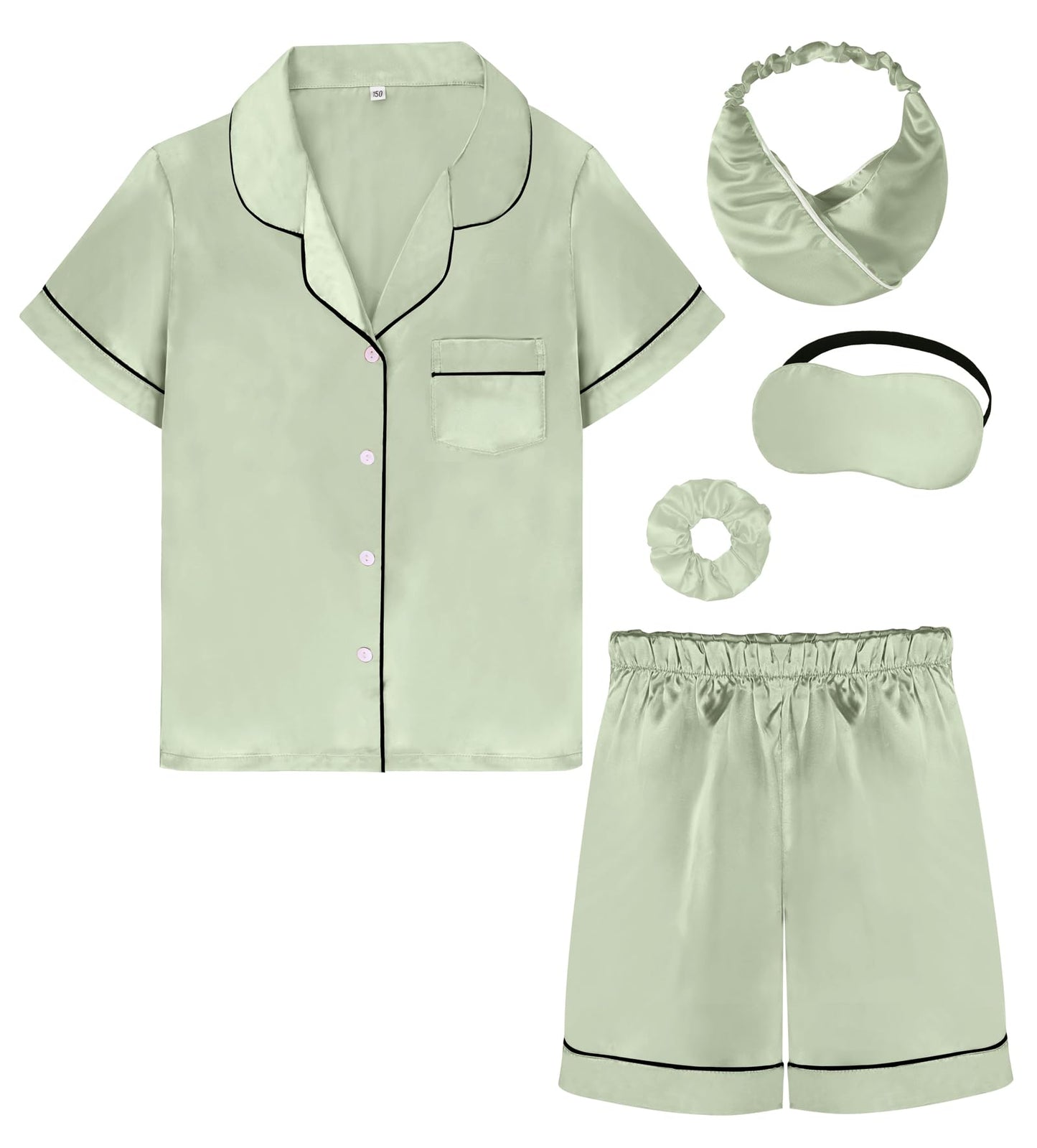 Kids Girl Pajama Set with Headband Blindfold Hair Tie Toddler Boy Girl Satin Silky Button-up Pajama Sleepwear