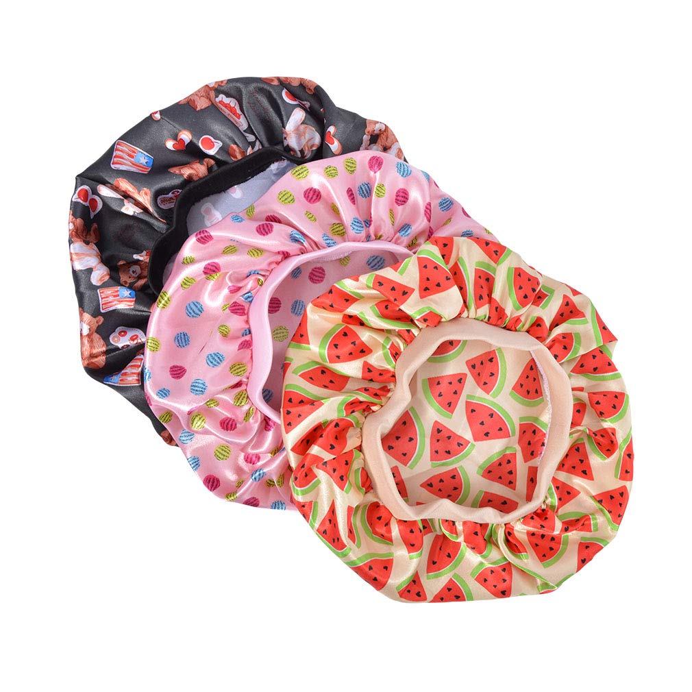 3 Pieces Kids Satin Bonnet Dinosaur Wide Elastic Band Sleeping Cap Soft Silk Double Layer Night Hair Hats for Teens Toddler Child Baby