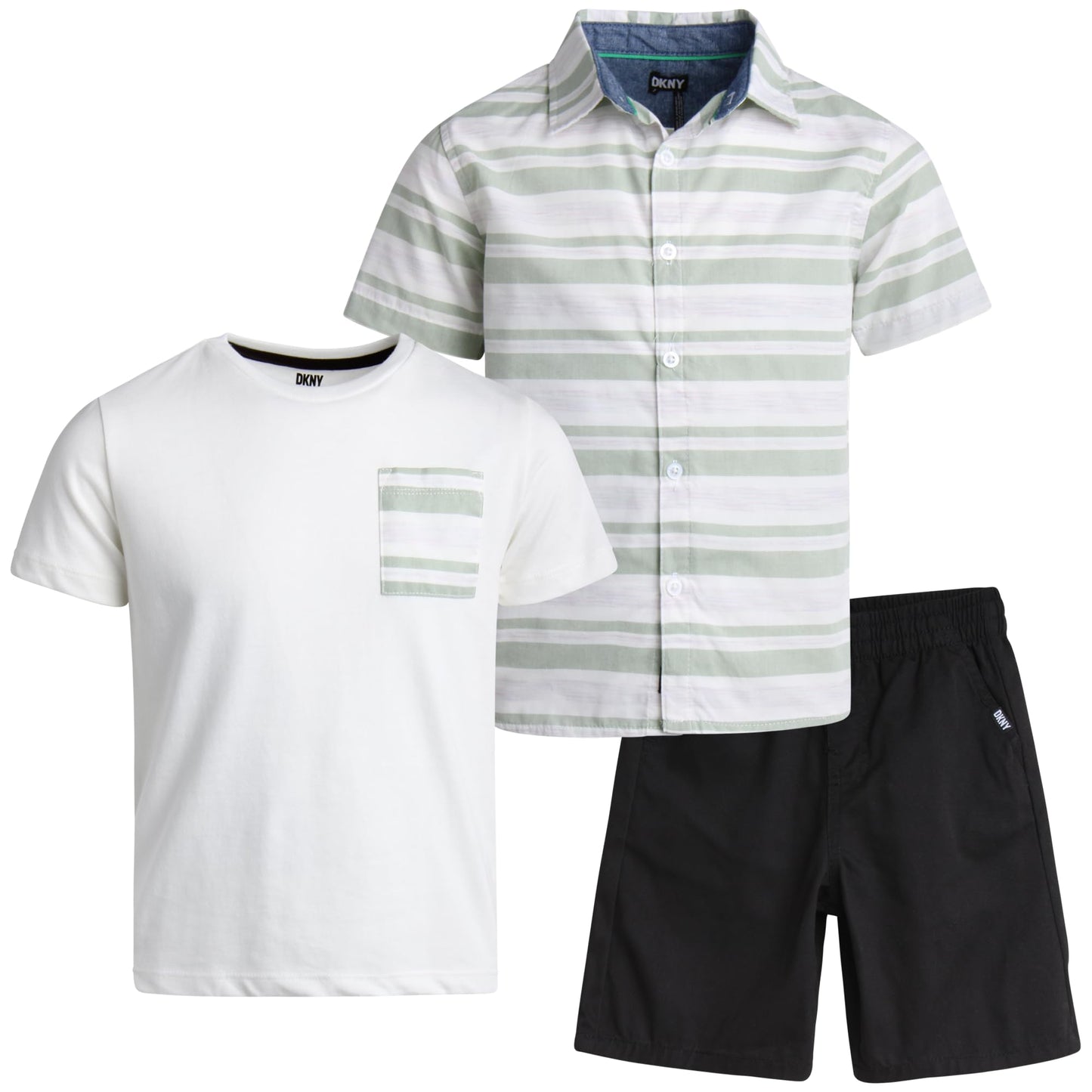 DKNY Boys' Short Set - 3 Piece Short Sleeve Button Down Shirt, Crew Neck T-Shirt, and Twill Shorts for Boys (Sizes: 2T-7)