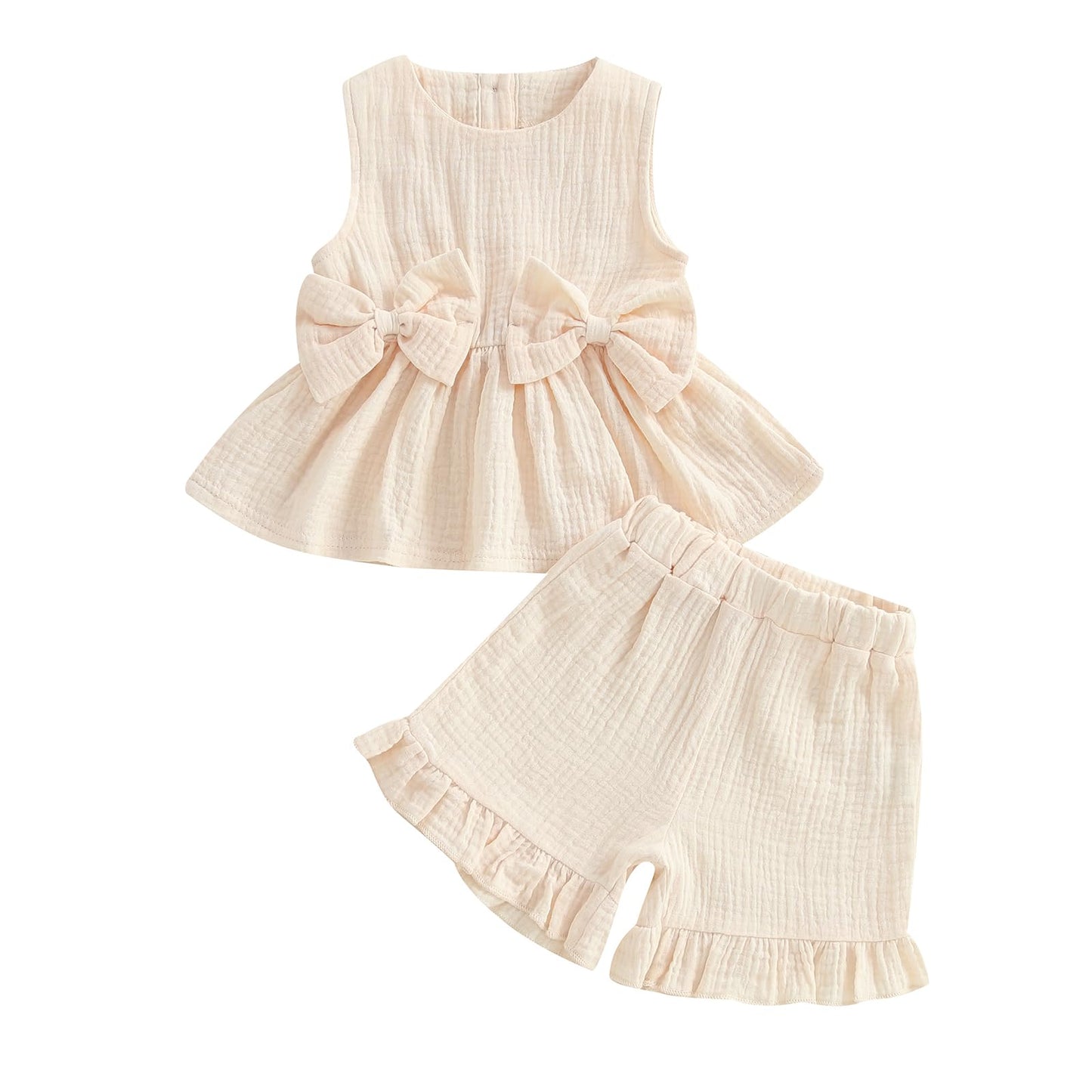 Kupretty Toddler Girl Summer Clothes Baby Solid Linen Outfit Bows Ruffle Tank Tops Shirts + Ruffled Short Set