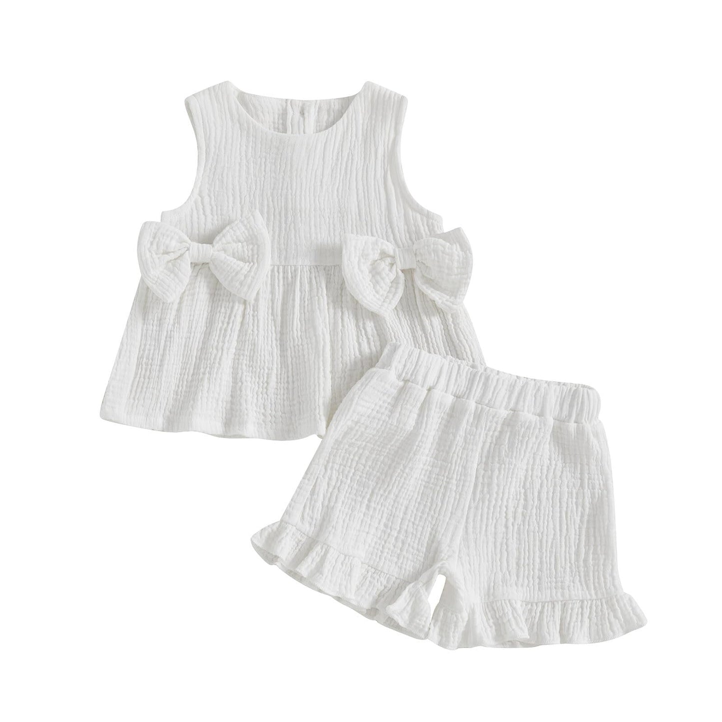 Kupretty Toddler Girl Summer Clothes Baby Solid Linen Outfit Bows Ruffle Tank Tops Shirts + Ruffled Short Set