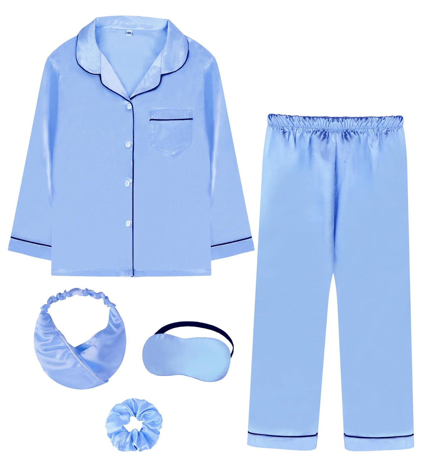 Kids Girl Pajama Set with Headband Blindfold Hair Tie Toddler Boy Girl Satin Silky Button-up Pajama Sleepwear
