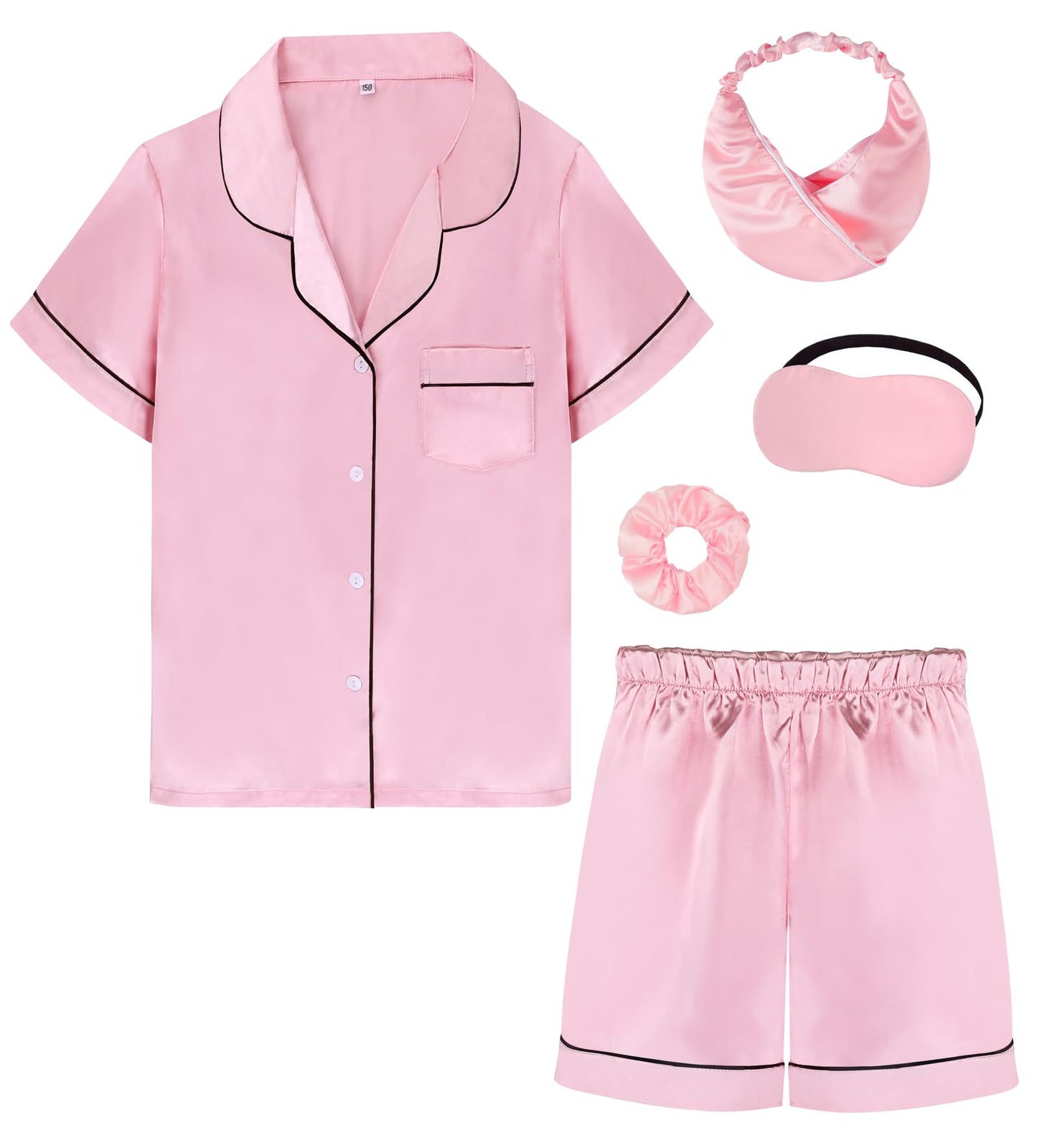Kids Girl Pajama Set with Headband Blindfold Hair Tie Toddler Boy Girl Satin Silky Button-up Pajama Sleepwear
