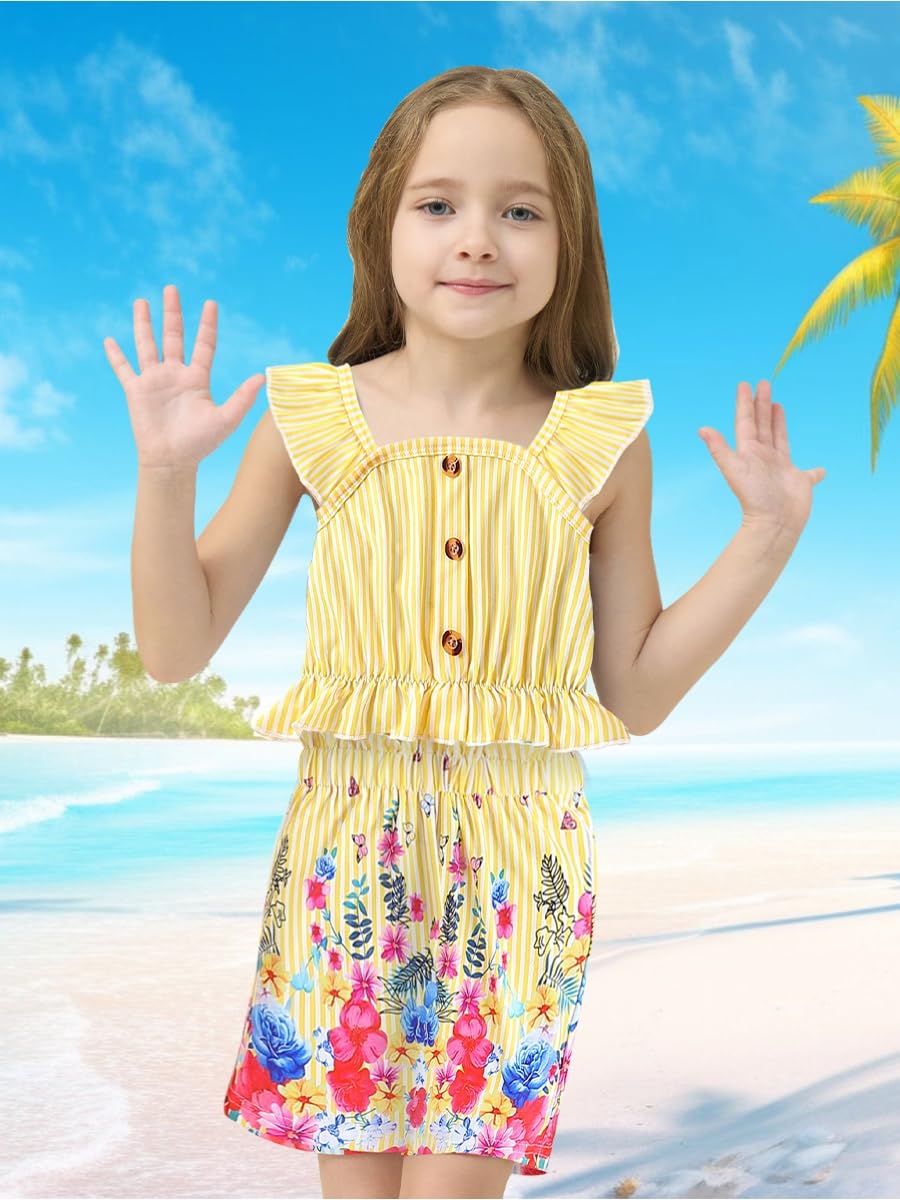 Kids Toddler Girls Summer Clothes Button Design Striped Tank Top + Floral-Print Elastic Shorts 2 Piece