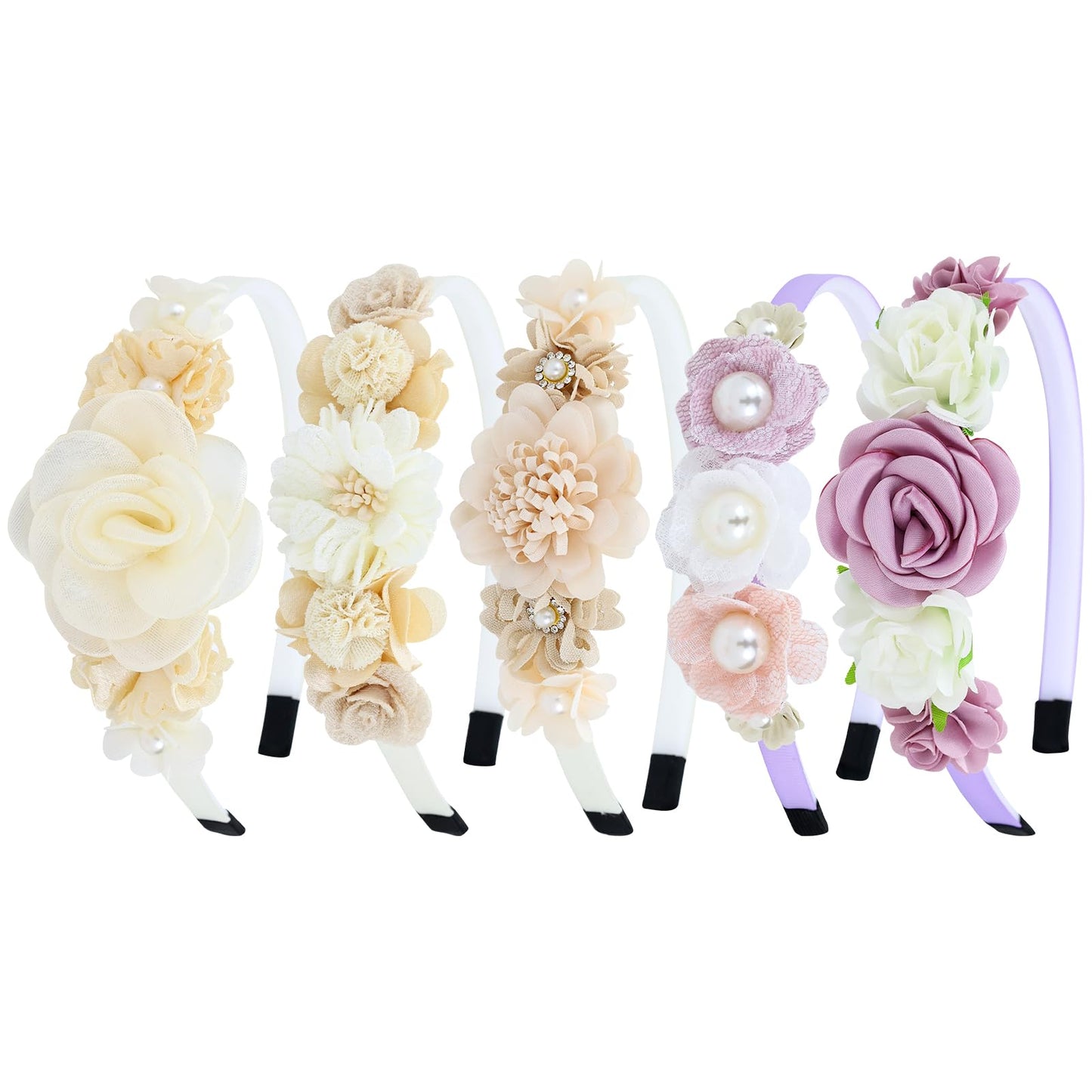 5 Pieces Beige Pink Plastic Flower Headbands Floral Hair Bands Hoops Accessories for Baby Girls Toddlers Kids Teens