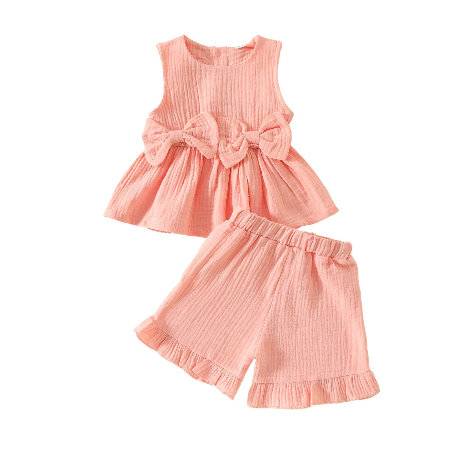 Kupretty Toddler Girl Summer Clothes Baby Solid Linen Outfit Bows Ruffle Tank Tops Shirts + Ruffled Short Set