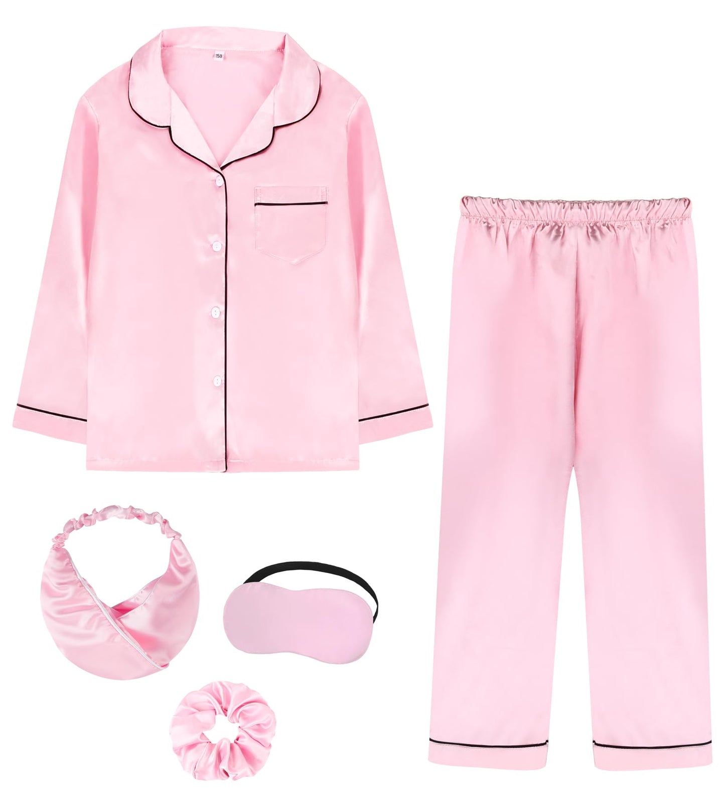 Kids Girl Pajama Set with Headband Blindfold Hair Tie Toddler Boy Girl Satin Silky Button-up Pajama Sleepwear