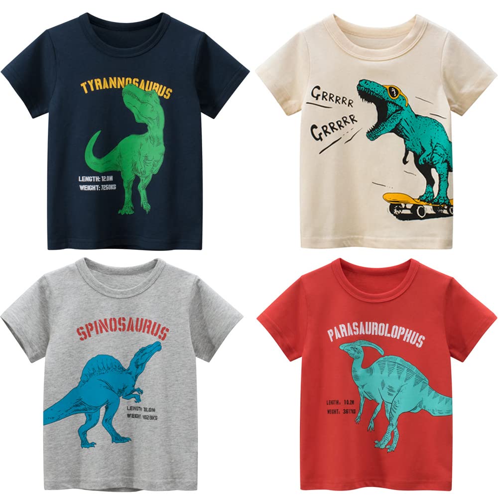 4-Pack Toddler Boys Dinosaur Shark Excavator Truck T-Shirts Graphic Short Sleeve Tees