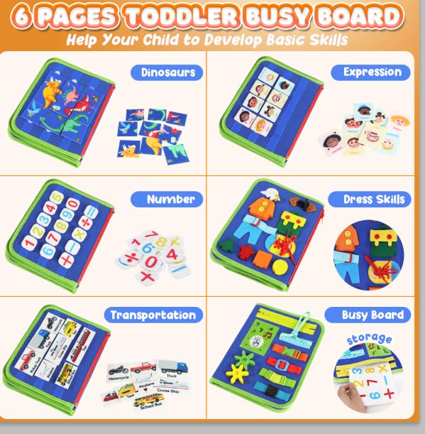 URMYWO Toddler Busy Board - Busy Book Montessori Toys for 1 2 3 4 Year Old - Preschool Learning Activities with Alphabet Number Animal, Educational Travel Toys Birthday Gifts for Kids