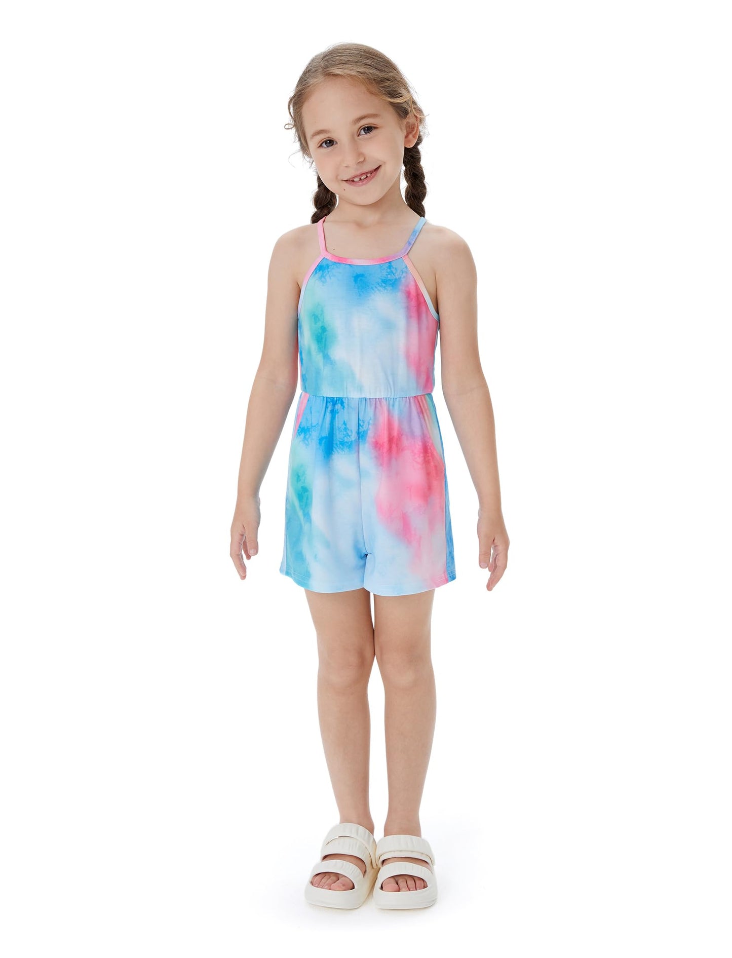 PATPAT Girls 2 Pack Rompers Spaghetti Strap Floral Print Short Jumpsuits with Pockets Cute Summer Outfits 5-12 Years