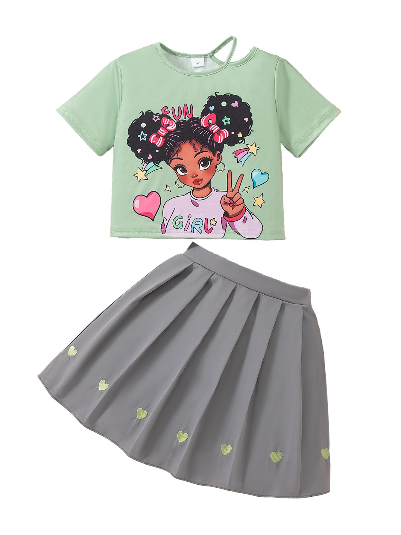 Girls 2 Piece Outfits Print Short Sleeve Top and Pleated Skirt Girls Trendy Clothing Set