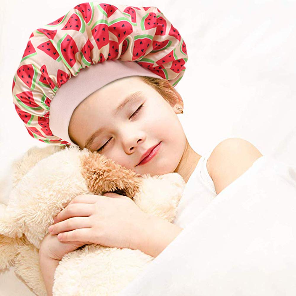 3 Pieces Kids Satin Bonnet Dinosaur Wide Elastic Band Sleeping Cap Soft Silk Double Layer Night Hair Hats for Teens Toddler Child Baby