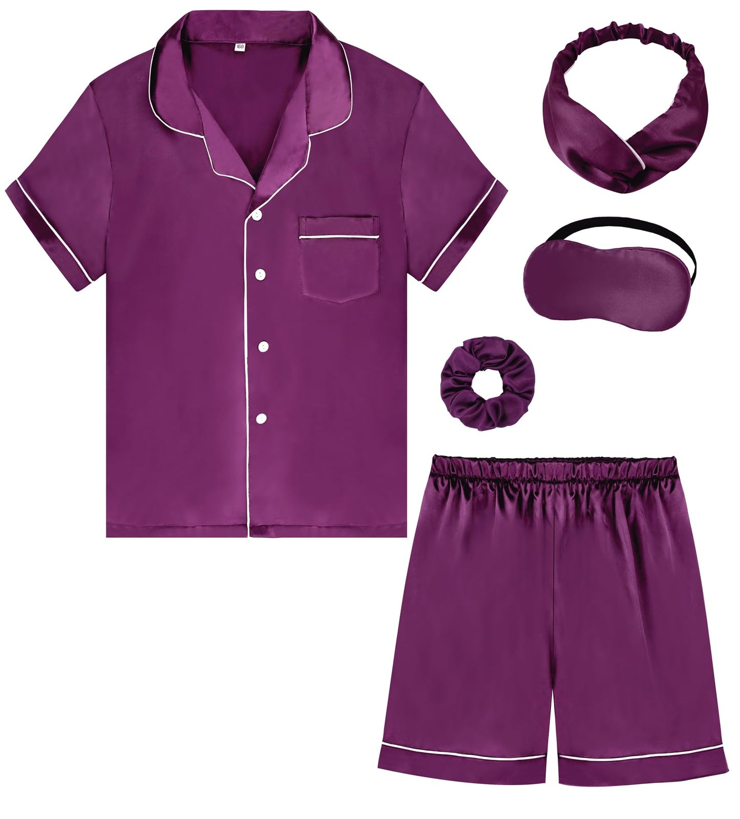 Kids Girl Pajama Set with Headband Blindfold Hair Tie Toddler Boy Girl Satin Silky Button-up Pajama Sleepwear