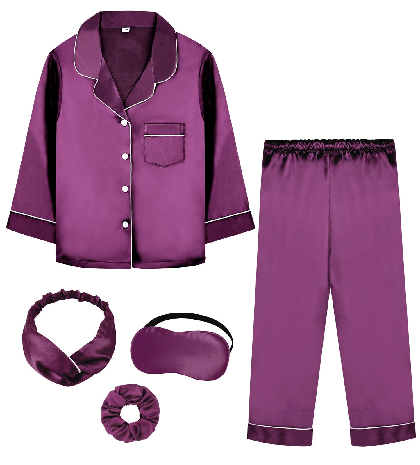 Kids Girl Pajama Set with Headband Blindfold Hair Tie Toddler Boy Girl Satin Silky Button-up Pajama Sleepwear
