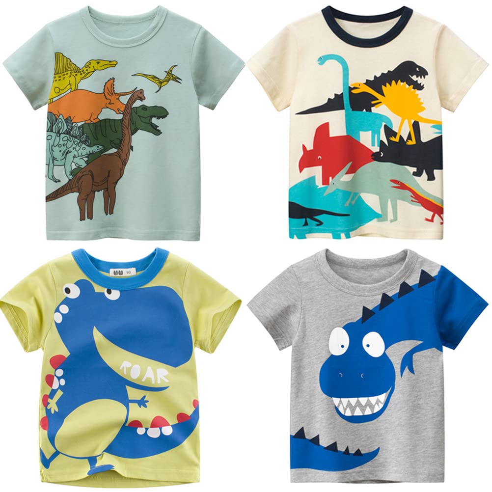 4-Pack Toddler Boys Dinosaur Shark Excavator Truck T-Shirts Graphic Short Sleeve Tees