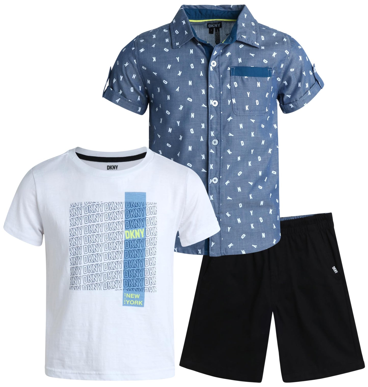 DKNY Boys' Short Set - 3 Piece Short Sleeve Button Down Shirt, Crew Neck T-Shirt, and Twill Shorts for Boys (Sizes: 2T-7)