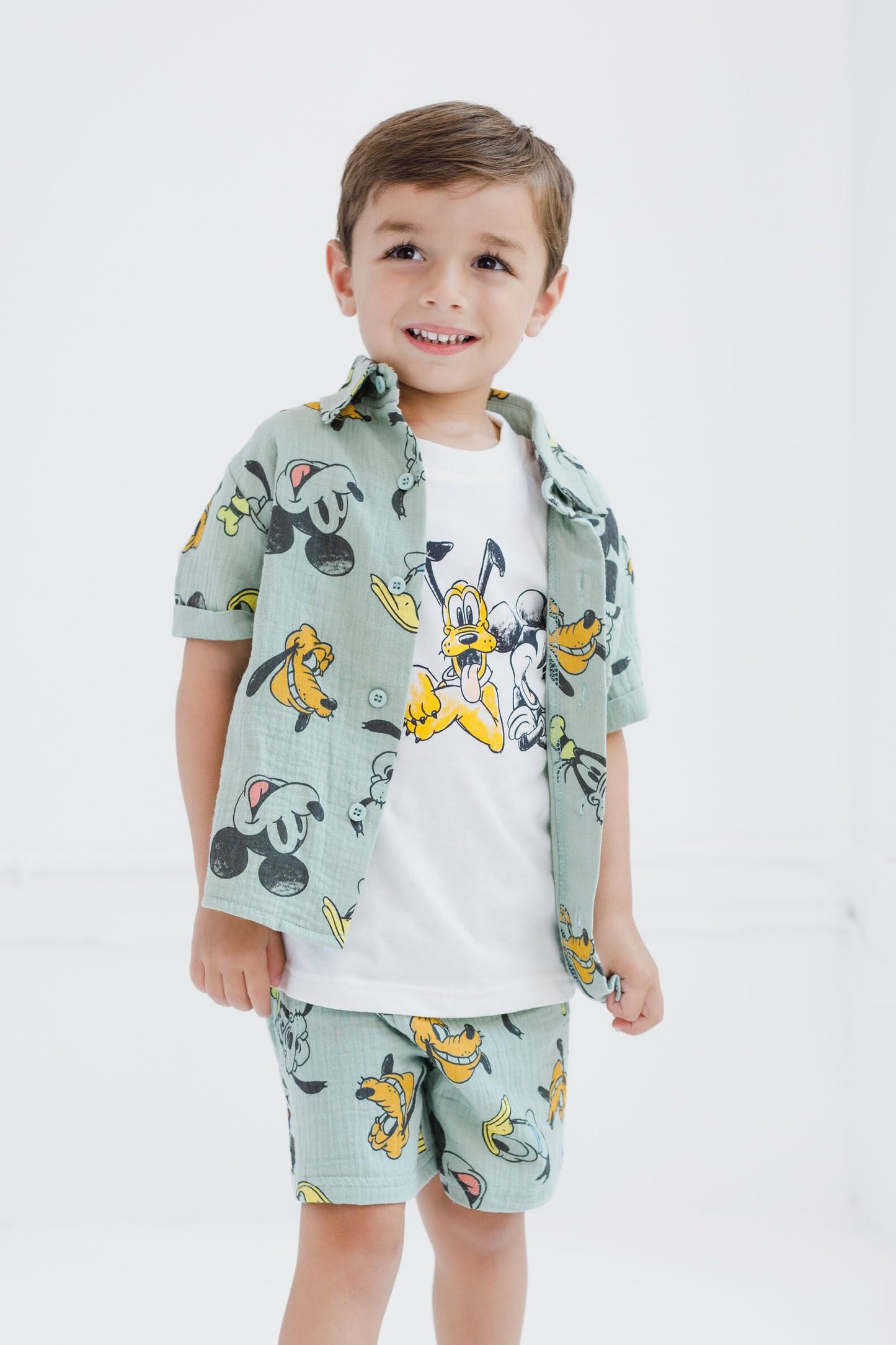 Disney Mickey Mouse Cotton Gauze Button Down Shirt, T-Shirt & Shorts 3 Piece Set Infant to Little Kid Sizes (12 Months- 7-8)