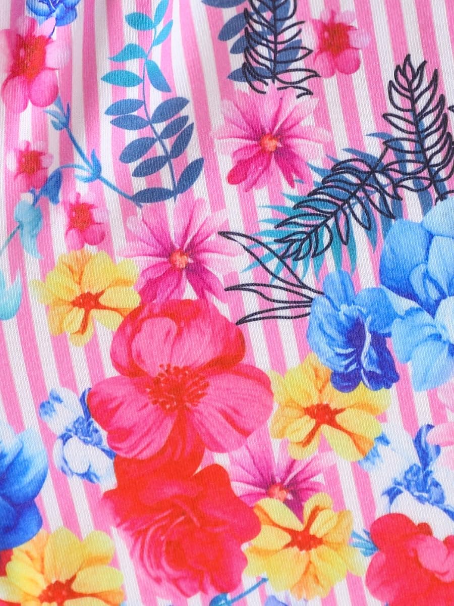 Kids Toddler Girls Summer Clothes Button Design Striped Tank Top + Floral-Print Elastic Shorts 2 Piece
