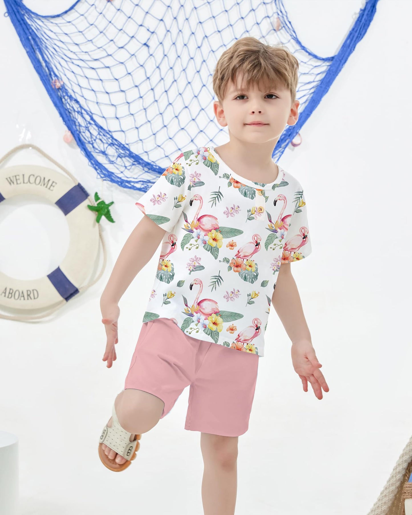 Coco&RARA Toddler Boy Clothes Outfits Kid Summer Hawaiian Print T-Shirt + Elastic Waist Pockets Shorts Clothes Set 2-7T
